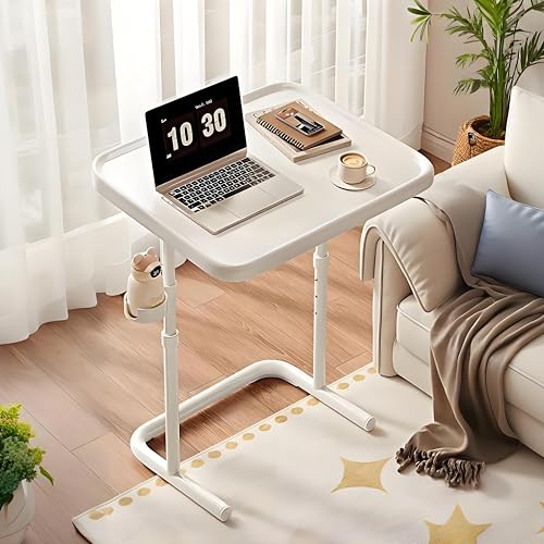 Asakusaen 昇降式サイドテーブル ベッドテーブル 折り畳み 天板無段階角度調整 落下防止ガード 着脱式カップホルダー 組み立て簡単 お手入れ簡単 家庭用 広々天板 PCデスク テレワーク ホワイト