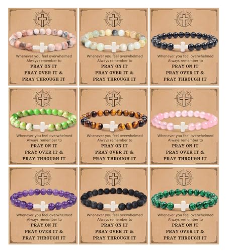 BROCC 9 Pcs Cross Bracelets for Women Men, Christian Gifts for Women, Religious Gifts Cross Beaded Bracelet, Easter Catholic Religious Christian Bracelets Jewelry