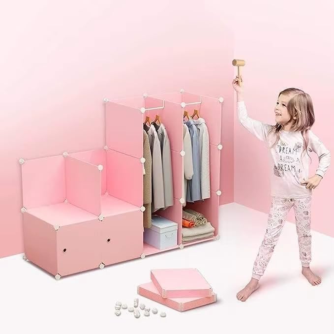 Image of Foldable Plastic Wardrobe for Clothes - Baby Cupboard for Clothes Storage, Wardrobe for Kids, Plastic Almirah, Collapsible Wardrobe for Kids Livingroom & Home (X3-Pink)
