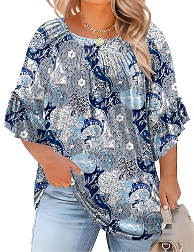 Image of Micoson Womens Plus Size Tops 3 /4 Ruffle Sleeve Crewneck Pleated Shirts