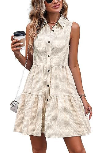 Image of Women's Plaid Print Sleeveless Ruffle Hem Dress High Waist Casual Dress Beige