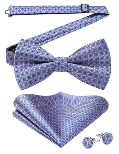 Image of HISDERN Mens Plaid Bow Tie Set Pocket Square and Cufflinks Bowtie