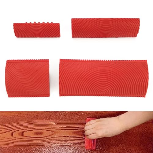 4 Piezas Herramienta Textura de Madera de Pared, Herramienta de Grano de Madera Rojo, Goma Efecto de Grano de Madera, para Decoración en Pared, Puertas, 7,5/8,9/13/15 cm, 4 Tamaños
