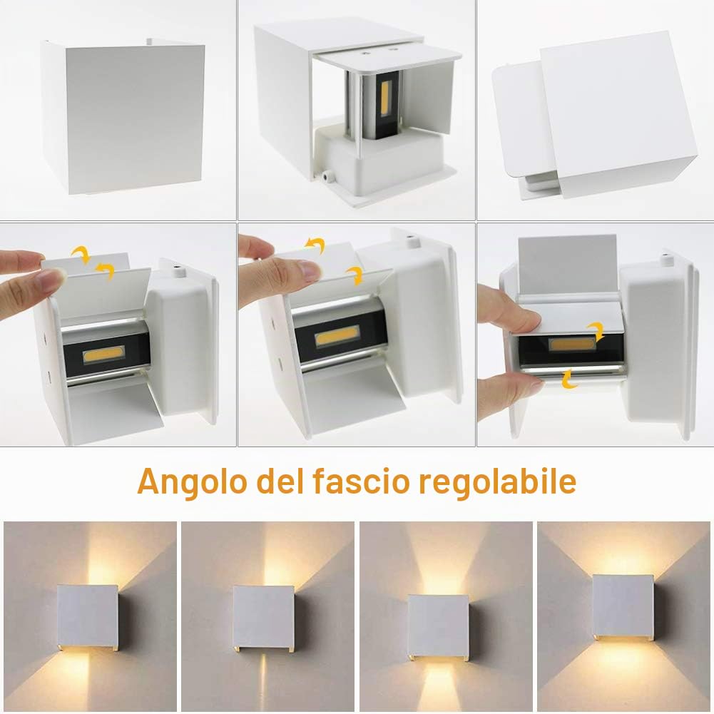 Klighten 2 Pezzi 12W Lampada da Parete LED Moderno, Applique da Parete Interno/Esterno Bianco caldo 3000K, Lampade da Parete Angolo del Fascio Regolabile, IP65 Impermeabile (Bianca)