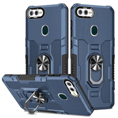 Coque Oppo A7 rigide bleue avec support anneau rotatif anti-choc