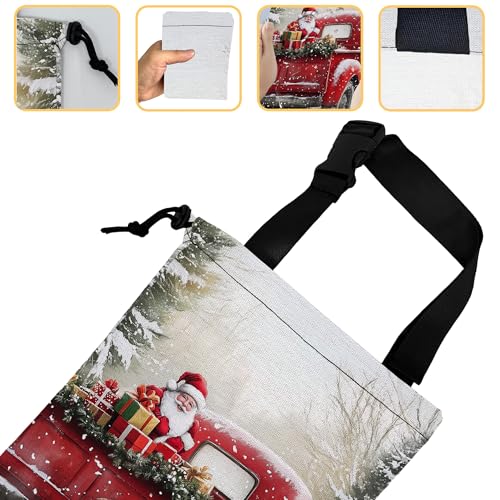 Image of Santa Claus on Red Truck Car Trash Bag, Hanging Drawstring Car Garbage Bag,Canvas Car Back Seat Organizer with Adjustable Buckle for Men and Women