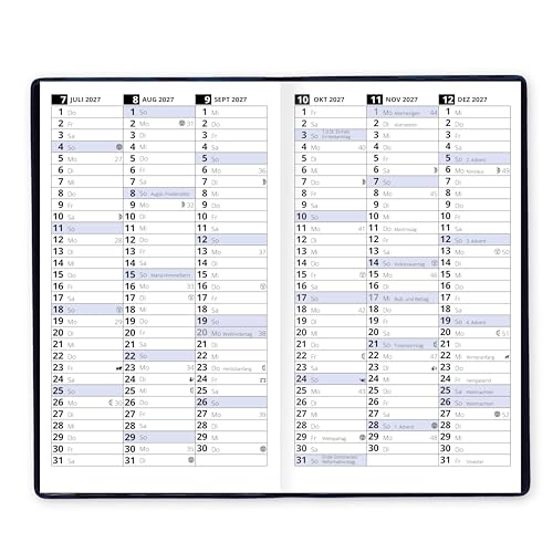 Taschenkalender für das Jahr 2026 Classica Kalender klein mit Monatsübersicht Sonn- und Feiertagen in Blau mit Adressheft PVC Einband in Schwarz