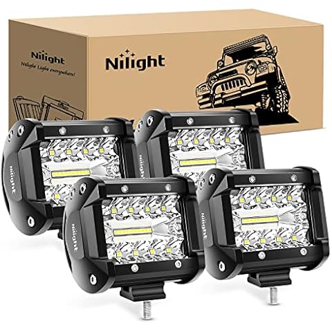 Nilight 4Pcs LED Pods 4Inch 60W Triple Row Flood Spot Combo 6000LM Light Bar Driving Fog Lights Off Road Lighting for Trucks Pickup Golf Cart SUV ATV UTV 4x4 Van Camper Boat Cover
