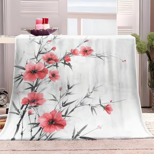 okoikfc Coperta Pile 150 x 200 cm Bambù, Coperta Fiori di Prugno per Adulti/Matrimoniale Plaid Pile in flanella morbida caldo per Letto, Divano Q964