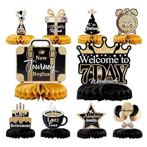 Oiuyamn Retirement Party Decorations - 10PCS Black & Gold Retirement Honeycomb Centerpieces for Table Retirement Table Decor Supplies for Men and Women