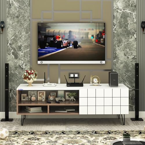 Image of Anikaa Axiora Engineered Wood Floor Standing TV Unit for Living Room | Modern Entertainment Console with 3-Open Boxes & 1-Closed Door Storage | Coachwood & White DIY (Do-it-Yourself) Installation