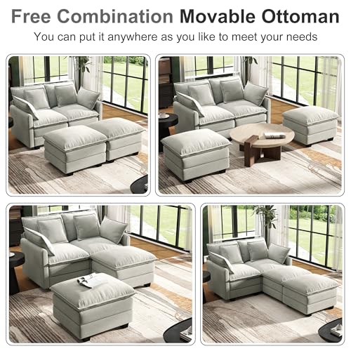 Image of 58 inch Cloud Couch Sectional Modular Sofa, Deep Seat Couches with Ottoman and Removable Washable Pillows for Living Room, Bedroom, Apartment, Light Grey