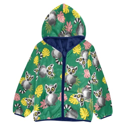 Lemur with Tropical Leaves Toddler Fleece Jacket Girl Boys Hooded Fleece Jacket Coat Warm Outwear Zip-up 3-10T