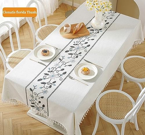 Nappe bleu gris brodée à fleur 140x300 pour table rectangulaire