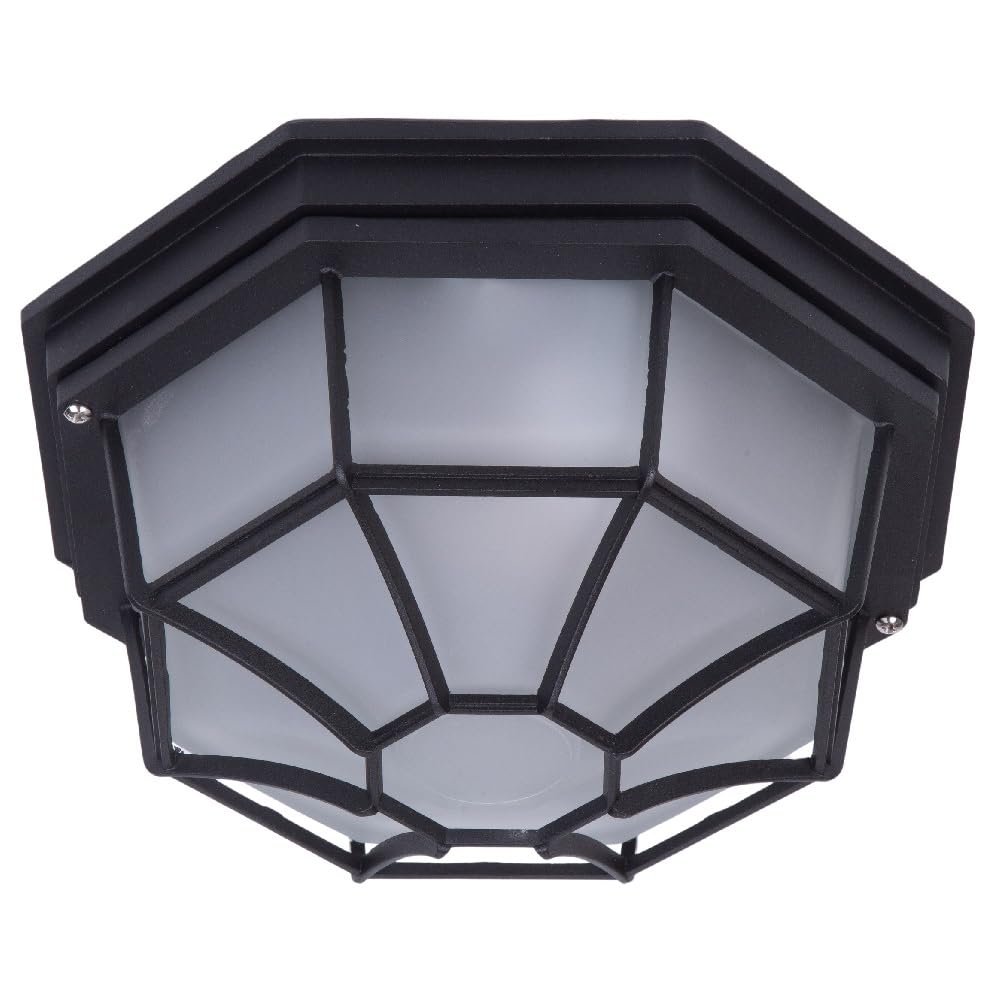 Britalia Matt Black & Frosted Glass Outdoor Vintage Octagonal Flush Wall & Ceiling Light | 27cm Diameter | IP44 Rated | 1 x ES E27 Lamp Bulb Required | Bathroom Use | UK Approved