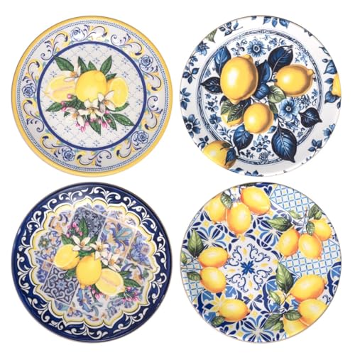 BY SIGRIS Adorno Decorativo de Pared con Diseño de Limones, Set de 4 Platos de Cerámica para Decoración Interior y Exterior