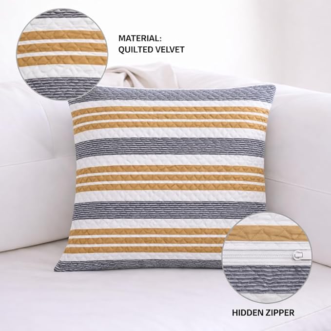 Image of STITCHNEST 'QuadraNest' Series Printed Quilted Velvet Cushion Cover 16x16 Inch Set of 5 | Premium Soft Fabric, Washable & Fade Resistant | Decorative Living Room Cushion Covers| Mustard & Grey Stripe
