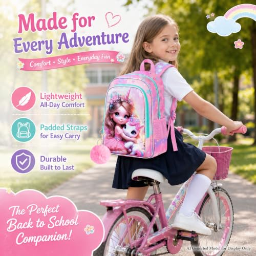 Image of AGSDON 3PCS Unicorn Backpack for Girls, 16 inch Kids Backpacks for Girl Water Resistant Preschool, Elementary Bookbag with Lunch Box