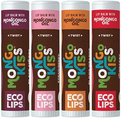 Eco Lips Mongo Kiss Organic Lip Balm 4 Pack Blood Orange, Yumberry, Strawberry Lavender, Black Cherry - 100 Percent USDA Organic - Soothe, Moisturize Dry, Cracked and Chapped Lips - Made in USA