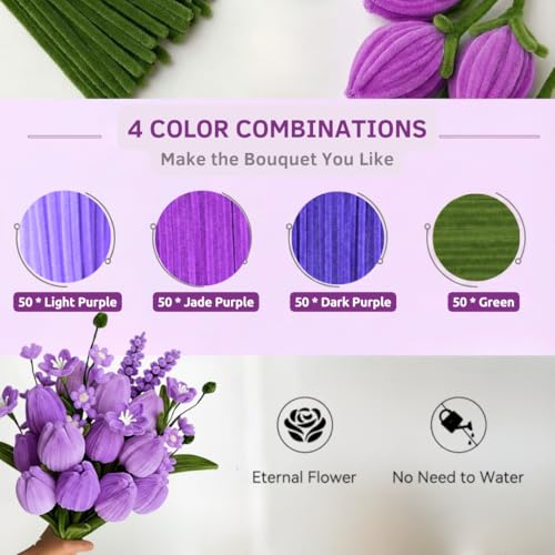 Image of YUNAMI Chenille Stems for DIY Flower Making - 200 Pcs Pipe Cleaners with Floral Wire, Tape, Stamen & Wrapping Paper - Premium Bouquet Supplies for Home Decor & Gifting (Purple)