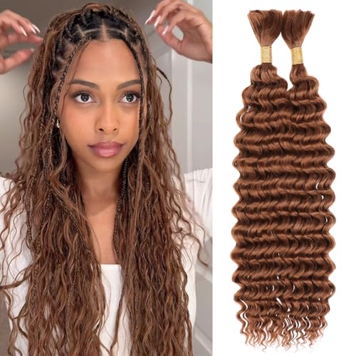 Leeven Braiding Hair for Boho Braids 18 Inch 2 Bundles Brown Deep Water Wave Bulk No Weft Long Wet and Wavy Braiding Hair Curly Synthetic Hair Extensions for Women #30