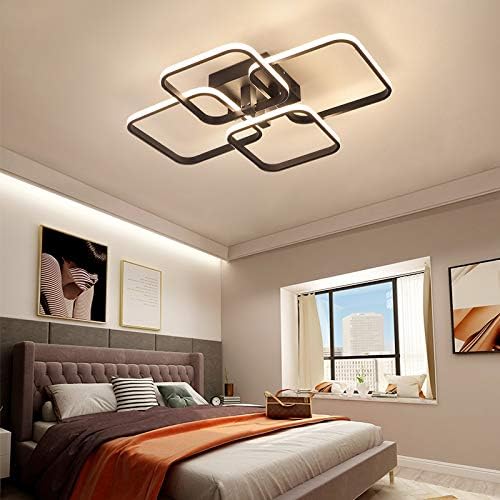AHOUDES Modern Acrylic Ceiling Lights 4/6-Rings Pendant Lights for Living Room Bedroom Kitchen Room LED Square Chandeliers Black 3500K to 6000K (black4Rings)