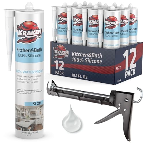 Image of Kraken Bond Premium Kitchen and Bathroom Silicone Caulk Clear - (12x10.1 fl.oz) RTV Clear Silicone Sealant Waterproof for Kitchen, Bathroom, Shower, Sink, Anti Shrink 100% Silicone Caulking | 12 Pack