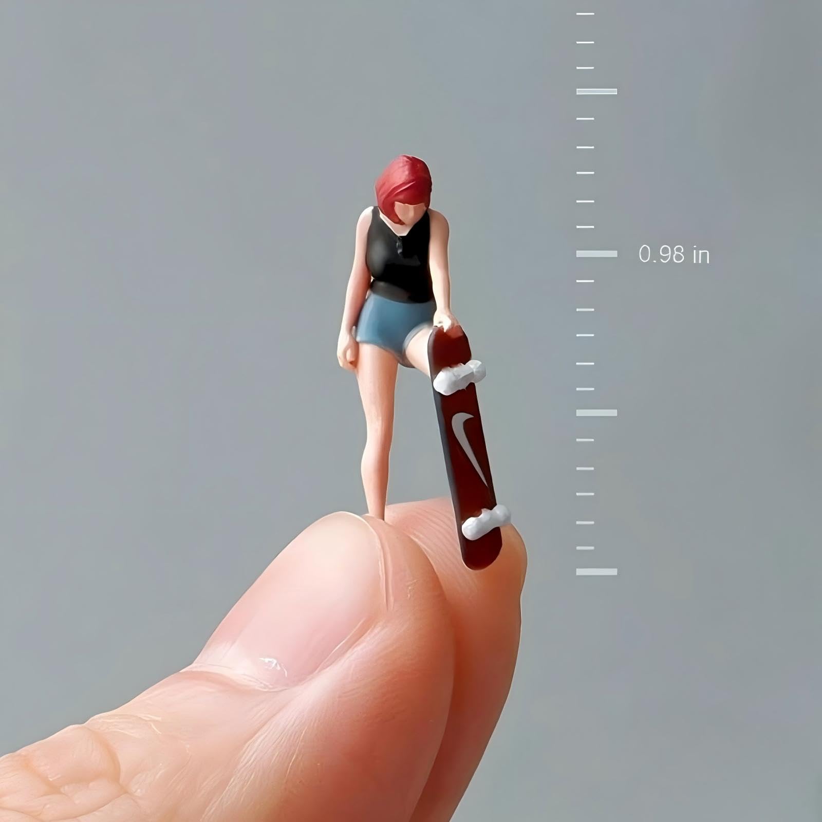 Scenpoch 1:64 Scale Hand-Painted Resin Red-haired Skateboard Girl - HO Compatible Diorama Model for Train Scenes, Architectural Displays, Collectors & Hobbyists