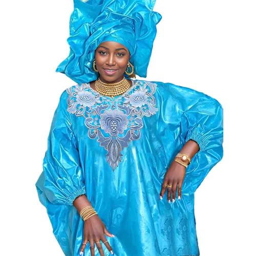 Generic Bazin Dress Blue for Women African Traditional Wedding for Girl Riche Long Dresses Dashiki Robe Clothing Ankara Blouse and Skirt Clothes Long Dress2