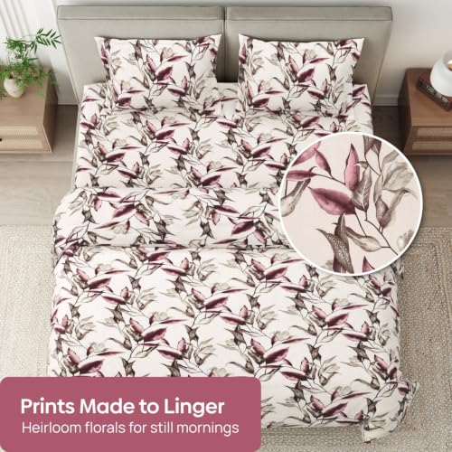 Image of Haus & Kinder Double Bed Bedsheet for Queen Size Bed with 2 Pillow Covers 90 Inch x 100 Inch | Premium Soft & Silky Pure Cotton 144 TC Flat Double Bedsheet | Florence Leaf Peach