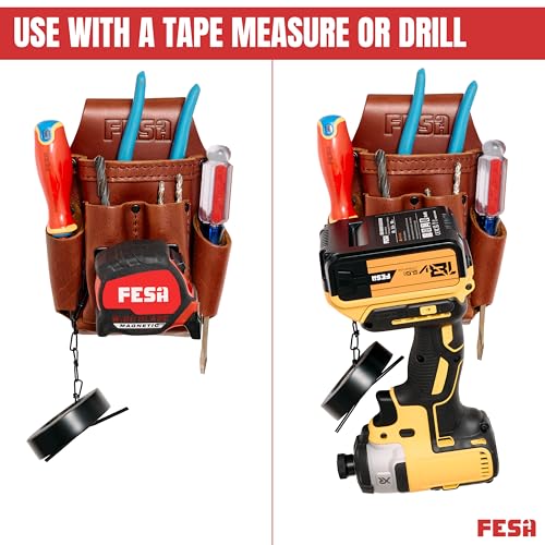 FESA Small Electrician's Tool Pouch - 7-in-1 Heavy Full Grain Leather Small Tool Pouch with Steel Tape Measure or Drill Clip, Tape T-Chain & 5 Pockets - Clip On Any Belt - Handcrafted (Cherry) by FESA - Image 3