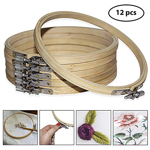 Pack 12 Bastidores de Madera para Bordar - Bastidor Punto de Cruz 15cm Bambú - Aro de Bordado Ajustable con Marco Circular - Bastidores para Bordar para Manualidades, Coser Tela