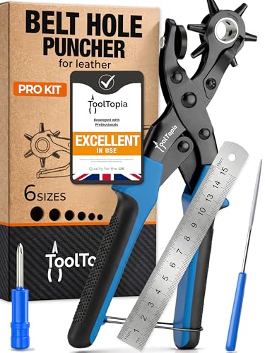 ToolTopia Belt Hole Puncher for Leather Heavy Duty Rotary Hole Puncher with 6 Sizes Comfort Lever Leather Belt Hole Punch for Belts Watches Shoes Fabric and PVC - Blue