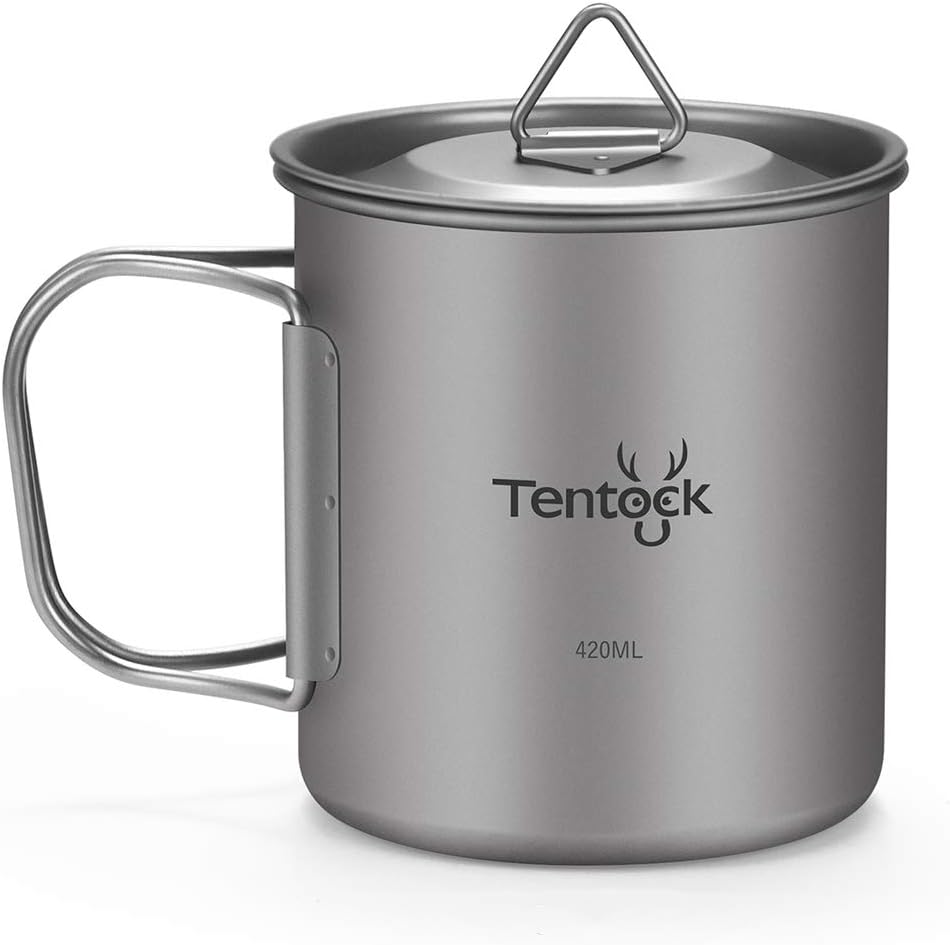 Tentock Titanium Cup Backpacking with Folding Handle 420ml/14.20oz Ultralight Camping Coffee Mug with Lid(420ml cup)