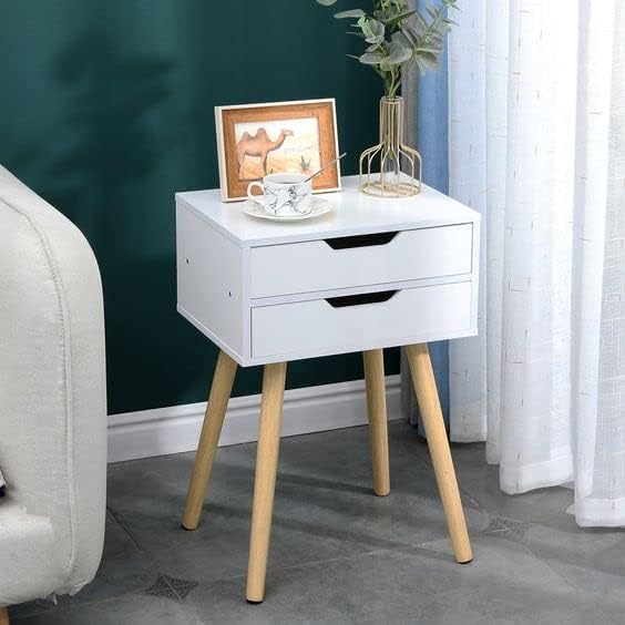 Nightstand Bedroom Beside Table Made of MDF+Wood, Night Stand with 2 Drawers end Table for Bedroom/Living Room/Salon/Office- (White)-image-23