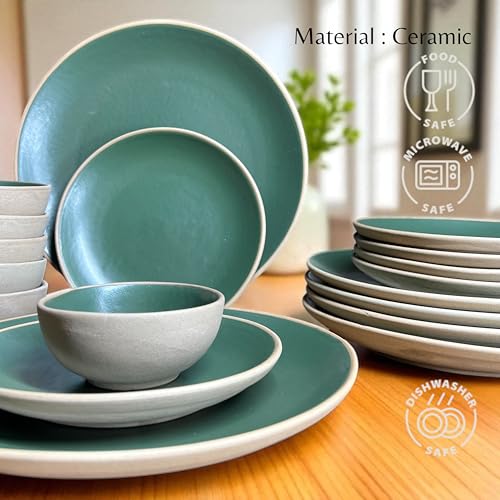 Image of Hand Painted Ceramic Dinnerware Set - 18 Pieces | 6 Dinner Plates, 6 Small Plates, 6 Katori Bowls | Earthy Green | Microwave & Dishwasher Safe | Perfect for Home & Gifting