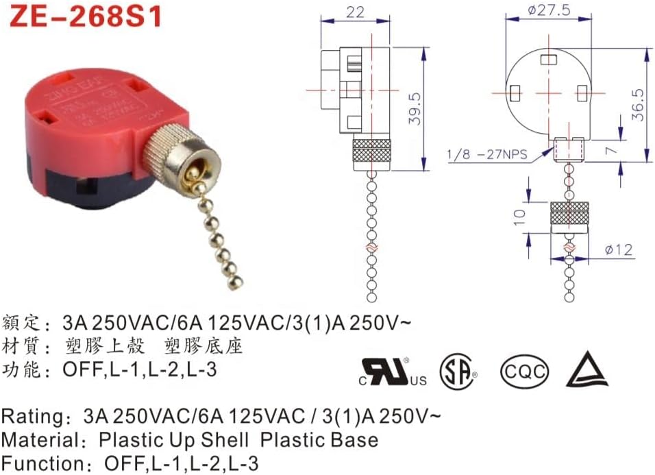 3 Speed Rotary Fan 4 Wire Replacement Speed Control Ceiling Fan Switch Pull Chain Switch Silver Finish