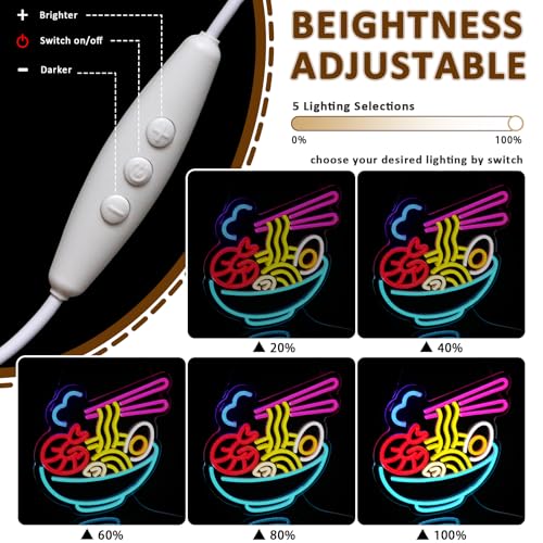 Image of Ramen Neon Sign for Wall Decor, Seafood Noodles Led Signs for Business, USB Dimmable 13.5 inch x 12.6 inch Neon Lights for Japanese Resturant Bar Kitchen Party Ramen Shop Wall Art