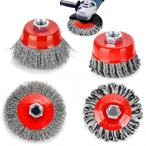 Image of 4PCS Wire Wheel Brush for Angle Grinder, 4 inch Wheel Brushes, 3 inch Cup Brush Set for 4 1 /2 Grinders, 5 /8 -11 Threaded Arbor, 0.020In Twisted Knotted Carbon Steel for Removal Rust