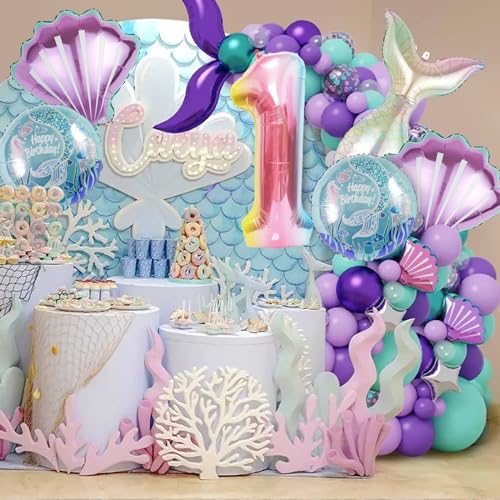 Image of Mermaid Birthday Decorations Mermaid Balloons - Number 1 Balloons for Girls Under The Sea Mermaid Theme Baby Shower Birthday Favors