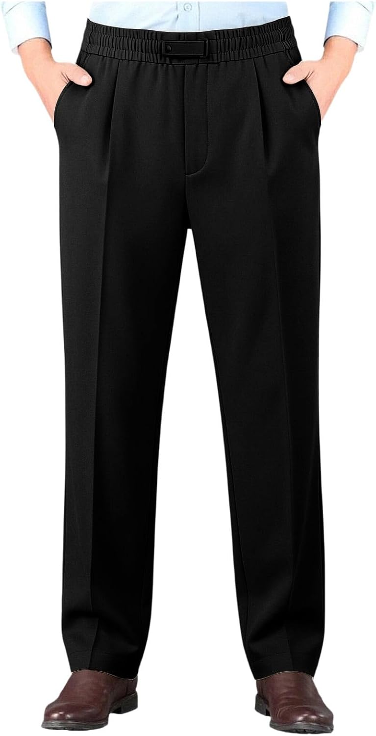 Mens Elastic Waist Pleated Dress Pants Adjustable Buckle Trousers | Soft Wrinkle Resistant,Straight Leg,Side Pockets,Solid Color,for Business Meetings,Wedding Occasions,Weekend Daily Wear