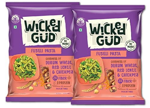 Image of WickedGud 2X Fiber Fusilli Pasta | No Maida | Durum Wheat Semolina | Brown Rice | Red Lentils | Healthy Diet Pasta - 400gm x 2