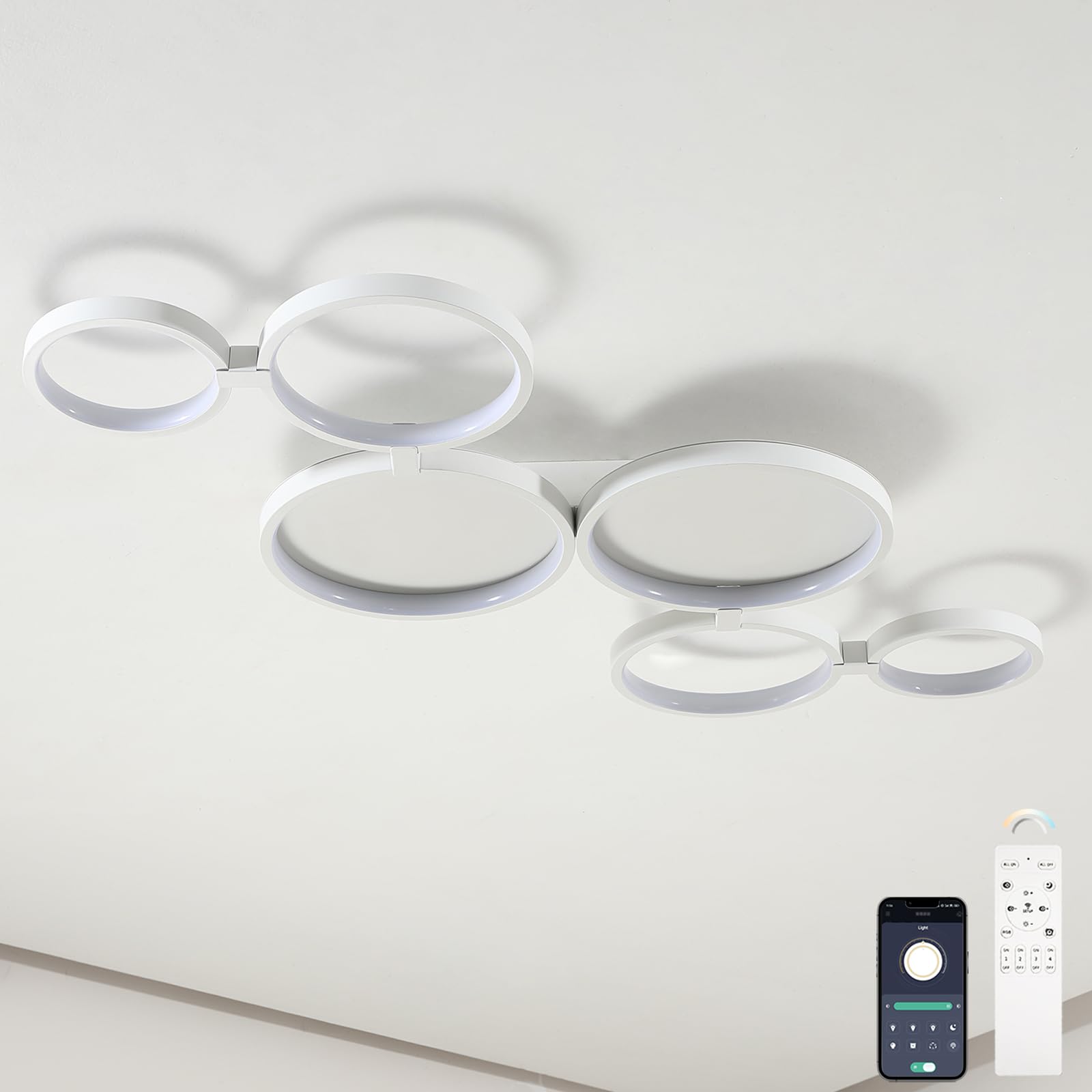 95 cm Lampadario Led Soffitto Moderni 6 Anelli Soggiorno, Dimmable Moderno Plafoniera Led Soffitto Camera Da Letto, 3000K-6500K Luce Funzione Di Memoria, Nessuno Sfarfallio, Timer(Bianco)