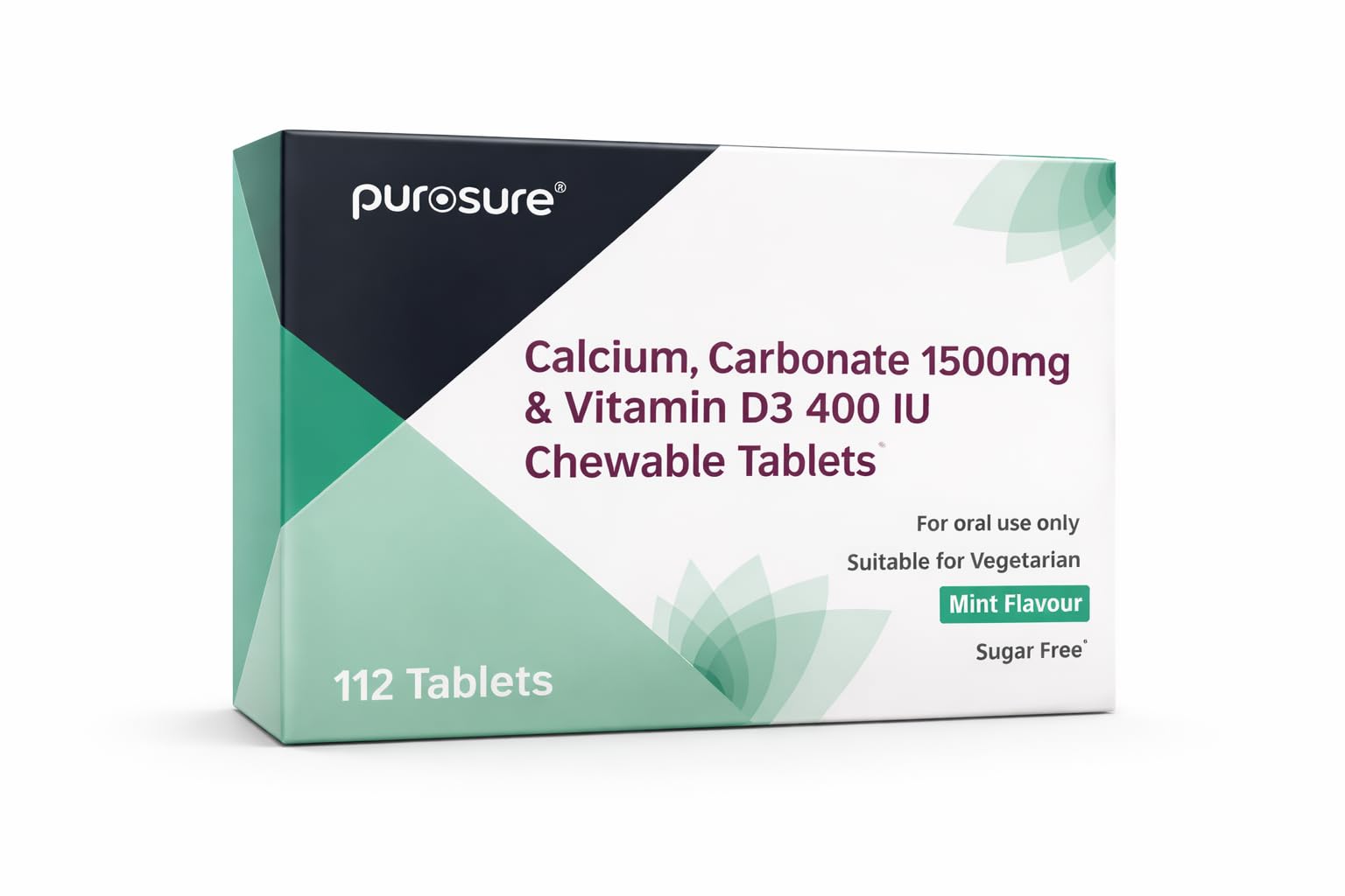 PUROSURE Calcium Carbonate 1500mg with Vitamin D3 400 IU – Mint Flavour | 112 Chewable Tablets | High-Strength Bone & Teeth Support | Easy-to-Chew Calcium with D3