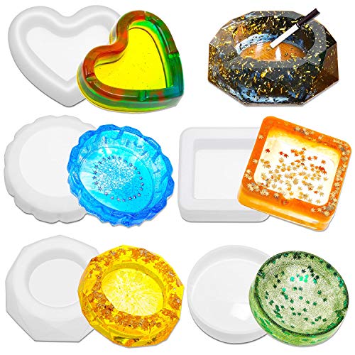 Ashtray Mold for Resin, Flasoo 5pcs Ashtray Epoxy Silicone Molds for Resin Casting Include Square Resin Mold, Round Epoxy Mold, Heart Ashtray Mold, Resin Flower Mold and Diamond Resin Silicone Mold