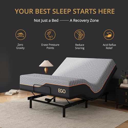 Image of EGOHOME Twin XL Adjustable Bed Frame and 14 inchCopper Gel Memory Foam Mattress | Zero Gravity, 12 inch Removable Legs, Wireless Remote, Head and Foot Incline, Anti Snore, Zero Clerance Easy Assembly