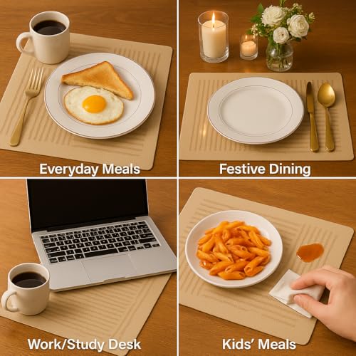 Image of YELONA Leather Dining Table Placemats Set of 2 - Waterproof, Heat Resistant, Anti-Slip, Easy to Clean Table Mats for Dining Table, Kitchen & Home Decor (Tan Beige, 40 x 30 cm)