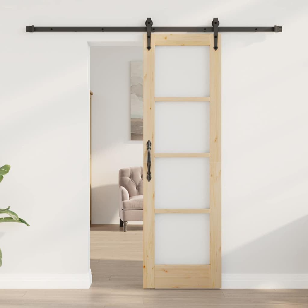 Drzwi przesuwne z litego drewna sosnowego i szkła naturalnie czarne 61 x 198,5 cm do wnętrz ciche przesuwanie zajmuje mało miejsca, nowoczesny styl mieszkanie przejście