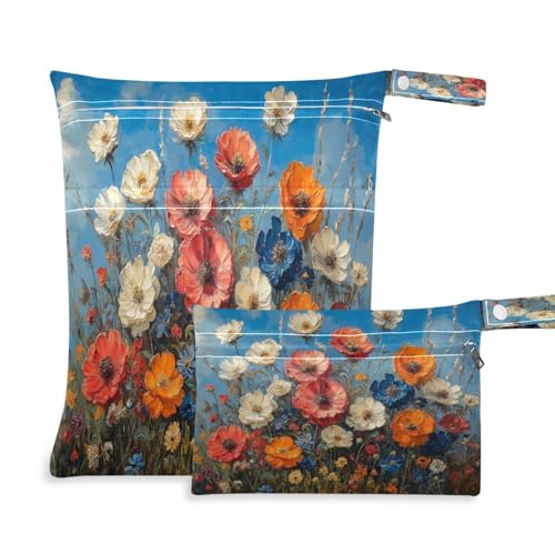 ATTX Wild Flowers Oil Painting Wet Dry Bags 2-Pack - Reusable Cloth Diaper Storage for Travel, Beach & Gym | Multi-Use Waterproof Bags for Swimsuits, Baby Clothes, Sports Gear#273