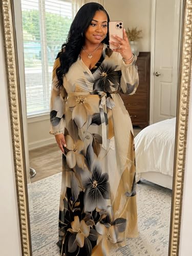 Image of PinkPatty Women's Long Sleeve Maxi Dress Plus Size Trendy Wedding Guest Wrap Dress with Pockets&Belt